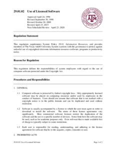 Use of Licensed Software Approved April 24, 1996 Revised September 30, 1998 Revised October 20, 2009