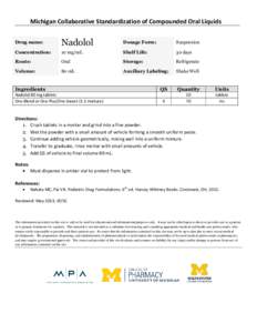 Michigan Collaborative Standardization of Compounded Oral Liquids Drug name: Nadolol  Dosage Form: