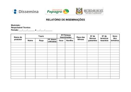 RELATÓRIO DE INSEMINAÇÕES Município: Responsável Técnico: Período: ___/____/_______ a ___/____/_______  Nome do