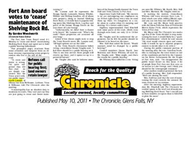 Fort Ann board votes to ‘cease’ maintenance of Shelving Rock Rd. By Gordon Woodworth Chronicle News Editor