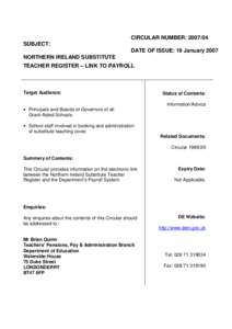 CIRCULAR NUMBER: SUBJECT: DATE OF ISSUE: 19 January 2007 NORTHERN IRELAND SUBSTITUTE TEACHER REGISTER – LINK TO PAYROLL