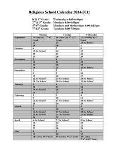 Religious School Calendar[removed]K & 1st Grade: 2nd & 3rd Grade: 4th-6th Grade: 7th-12th Grade: