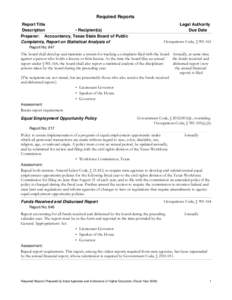 Required Reports Report Title Description • Recipient(s) Preparer: Accountancy, Texas State Board of Public Complaints, Report on Statistical Analysis of