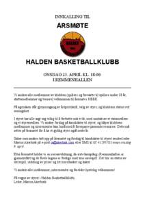 INNKALLING TIL  ÅRSMØTE HALDEN BASKETBALLKLUBB ONSDAG 23. APRIL KL. 18:00