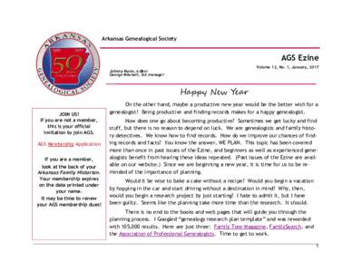 Arkansas Genealogical Society  AGS Ezine Volume 12, No. 1, January, 2017  Johnny Mann, editor