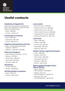 Useful contacts Complaints and Appeals Unit Local councils  Territory Housing’s Complaints and Appeals Unit