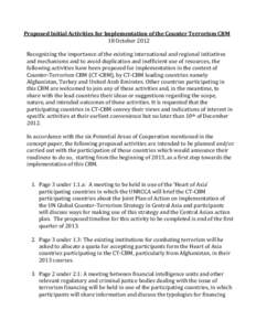 Proposed Initial Activities for Implementation of the Counter Terrorism CBM 18 October 2012 Recognizing the importance of the existing international and regional initiatives and mechanisms and to avoid duplication and in