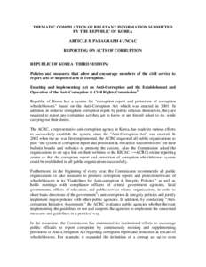 THEMATIC COMPILATION OF RELEVANT INFORMATION SUBMITTED BY THE REPUBLIC OF KOREA ARTICLE 8, PARAGRAPH 4 UNCAC REPORTING ON ACTS OF CORRUPTION  REPUBLIC OF KOREA (THIRD SESSION)