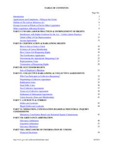TABLE OF CONTENTS Page No. Introduction Applications and Complaints - Filling in the Forms Outline of The Labour Relations Act Groups Covered in Whole or Part by Other Legislation