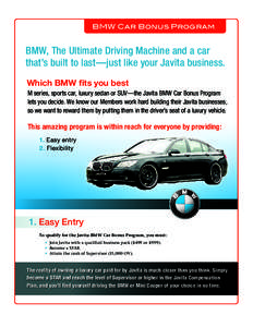 BMW Car Bonus Program  BMW, The Ultimate Driving Machine and a car that’s built to last—just like your Javita business. Which BMW fits you best M series, sports car, luxury sedan or SUV—the Javita BMW Car Bonus Pro