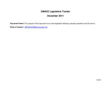 CMAOC Legislative Tracker December 2011 Document Intent: The purpose of this document is to track legislation affecting casualty operations and Survivors. Point of Contact: [removed]