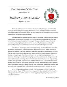 Presidential Citation presented to Wilbert J. McKeachie August 4, 2012