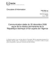 INFCIRC[removed]Communication dated 20 December 2006 received from the Resident Representative of the Islamic Republic of Iran to the Agency - French