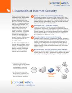 8 Essentials of Internet Security Today’s Internet is about much more than simple web browsing, which means total Internet security requires much more than basic firewalls and content