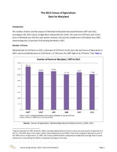 The 2012 Census of Agriculture: Data for Maryland Introduction The number of farms and the amount of farmland in Maryland decreased between 2007 and 2012, according to the 2012 Census of Agriculture released by the USDA.