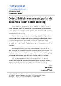 Press release from www.joylandbooks.com 02 November 2003 For immediate release  Oldest British amusement park ride