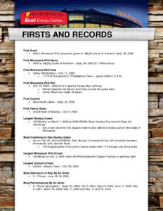 FIRSTS AND RECORDS First Event  NHL’s Minnesota Wild preseason game vs. Mighty Ducks of Anaheim, Sept. 29, 2000 First Minnesota Wild Game  Wild vs. Mighty Ducks of Anaheim – Sept. 29, Wild victory) Fi