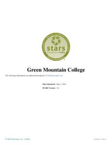 Green Mountain College The following information was submitted through the STARS Reporting Tool. Date Submitted: May 1, 2014 STARS Version: 2.0