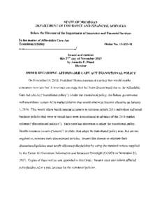 STATE OF MICHIGAN   DEPARTMENT OF INSURANCE AND FINANCIAL SERVICES Before the Director of the Department of Insurance and Financial Services