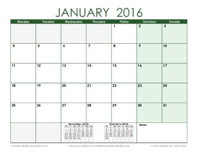 Printable Blank 2016 Calendar - Monday First
