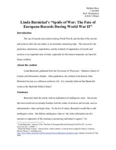 Mathew RoseProf. Wertheimer Article Critique  Linda Barnickel’s “Spoils of War: The Fate of