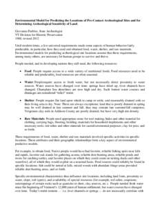 Environmental Model for Predicting the Locations of Pre-Contact Archeological Sites and for Determining Archeological Sensitivity of Land. Giovanna Peebles, State Archeologist VT Division for Historic Preservation 1988, 