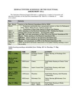ZESN ACTIVITIES SCHEDULE ON THE ELECTORAL AMENDMENT BILL The Zimbabwe Election Support Network is undertaking a number of research and advocacy activities on the Electoral Amendment Bill. Below is a schedule of some of i
