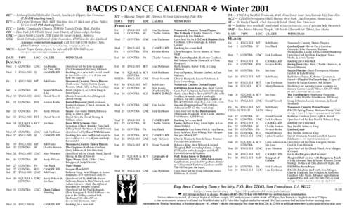 BACDS DANCE CALENDAR ❖ Winter 2001 BET — Bethany United Methodist Church, Sanchez & Clipper, San Francisco (7:30 PM starting time!) ECV — El Cerrito Veterans’ Hall, 6401 Stockton Ave. (1 block east of San Pablo),