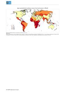 Age-standardized incidence rates of cervical cancer in World  ASR, age-standardized incidence rates; Rates per 100,000 women per year. Data sources: Ferlay J, Soerjomataram I, Ervik M, Dikshit R, Eser S, Mathers C, Rebel