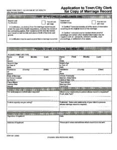 Application to Town/City Clerk for Copy of Marriage Record NEWYORK STATE DEPARTMENT OF HEALTH Vital Records Section