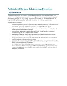 Professional Nursing, B.S. Learning Outcomes Curriculum Plan: The learning outcomes of the curriculum incorporate the professional values of client-centered care (altruism, human dignity, and autonomy), lifelong learning