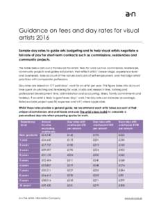Guidance on fees and day rates for visual artists 2016 Sample day rates to guide arts budgeting and to help visual artists negotiate a fair rate of pay for short-term contracts such as commissions, residencies and commun