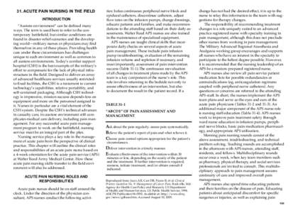 31. ACUTE PAIN NURSING IN THE FIELD INTRODUCTION “Austere environment” can be defined many ways. The term is used here to refer to the contemporary battlefield, but similar conditions are found in disaster-relief sce