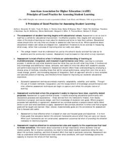 American Association for Higher Education (AAHE) Principles of Good Practice for Assessing Student Learning [The AAHE Principles and comments on each, as presented in Banta, Lund, Black, and Oblander, 1996, are given bel