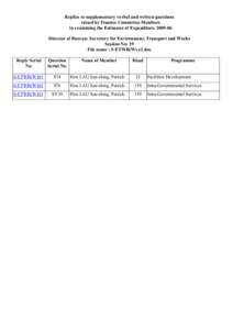 Replies to supplementary verbal and written questions raised by Finance Committee Members in examining the Estimates of Expenditure[removed]Director of Bureau: Secretary for Environment, Transport and Works Session No: 1