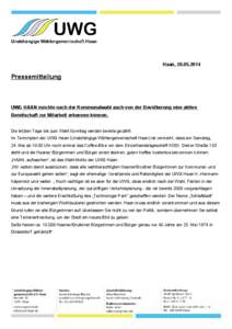 Haan, [removed]Pressemitteilung UWG HAAN möchte nach der Kommunalwahl auch von der Bevölkerung eine aktive Bereitschaft zur Mitarbeit erkennen können.