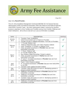 Army	Fee	Assistance	 1 May 2014 Dear Army Parent/Provider, The U.S. Army Installation Management Command (IMCOM) G9, the General Services Administration (GSA) and National Association Child Care Resource and Referral Age