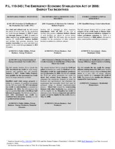 P.L[removed] | THE EMERGENCY ECONOMIC STABILIZATION ACT OF 2008: ENERGY TAX INCENTIVES RENEWABLE ENERGY INCENTIVES TRANSPORTATION & DOMESTIC FUEL SECURITY