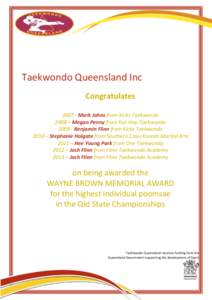 Taekwondo Queensland Inc Congratulates[removed]Mark Johns from Kicks Taekwondo 2008 – Megan Penny from Yun Hap Taekwondo[removed]Benjamin Flinn from Kicks Taekwondo 2010 – Stephanie Holgate from Southern Cross Korean M