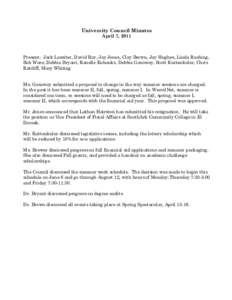 University Council Minutes April 7, 2011 Present: Jack Lassiter, David Ray, Jay Jones, Clay Brown, Jay Hughes, Linda Rushing, Bob Ware, Debbie Bryant, Ranelle Eubanks, Debbie Gasaway, Scott Kuttenkuler, Chris Ratcliff, M