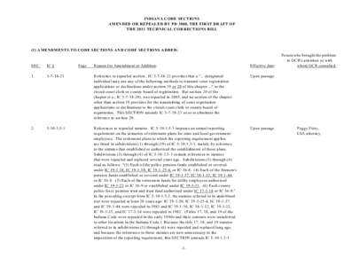 INDIANA CODE SECTIONS AM ENDED OR REPEALED BY PD 3080, THE FIRST DRAFT OF THE 2011 TECHNICAL CORRECTIONS BILL (1) AM ENDM ENTS TO CODE SECTIONS AND CODE SECTIONS ADDED: