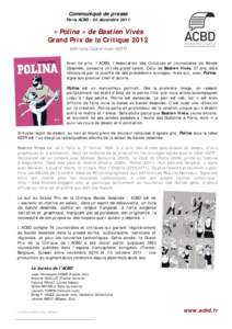 Communiqué de presse Paris ACBD - 05 décembre 2011 « Polina » de Bastien Vivès Grand Prix de la Critique 2012 éditions Casterman-KSTR