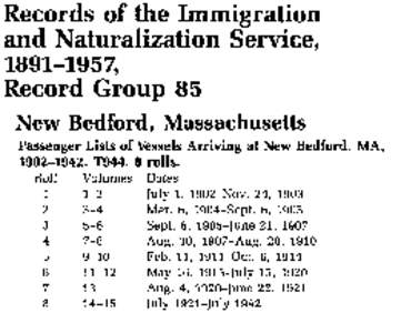 Records of the Immigration and Naturalization Service, [removed], Record Group 85 New Bedford, Massachusetts Passenger Lists of Vessels Arriving at New Bedford, MA,