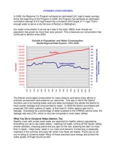 CONSERVATION EFFORTS In 2009, the Regional 1% Program achieved an estimated 0.61 mgd of water savings. Since the beginning of the Program in 2000, the Program has achieved an estimated cumulative savings of 9.0 mgd towar