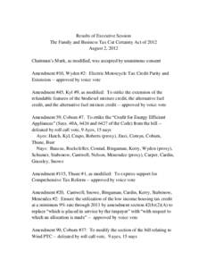 Results of Executive Session The Family and Business Tax Cut Certainty Act of 2012 August 2, 2012 Chairman’s Mark, as modified, was accepted by unanimous consent Amendment #10, Wyden #2: Electric Motorcycle Tax Credit 