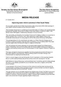 Improving water reform outcomes in New South Wales - media release 21 October 2014