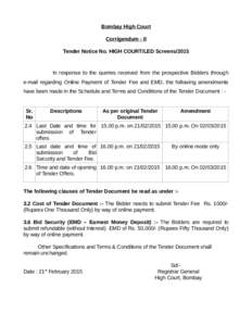 Bombay High Court Corrigendum - II Tender Notice No. HIGH COURT/LED Screens/2015 In response to the queries received from the prospective Bidders through e-mail regarding Online Payment of Tender Fee and EMD, the followi