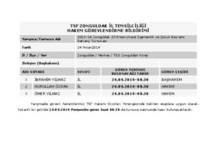 TSF ZONGULDAK İL TEMSİLCİLİĞİ HAKEM GÖREVLENDİRME BİLDİRİMİ Yarışma/Turnuva Adı 2013–14 Zonguldak 23 Nisan Ulusal Egemenlik ve Çocuk Bayramı Satranç Turnuvası