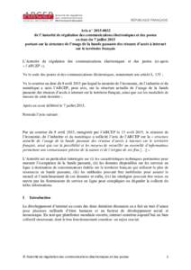 Avis n° de l’Autorité de régulation des communications électroniques et des postes en date du 7 juillet 2015 portant sur la structure de l’usage de la bande passante des réseaux d’accès à internet 