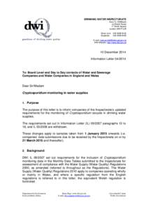 Environment / Cryptosporidiosis / Cryptosporidium / Drinking water / Water quality / Drinking Water Inspectorate / Environment Agency / Water supply / Inspectorate / Apicomplexa / Water management / Water